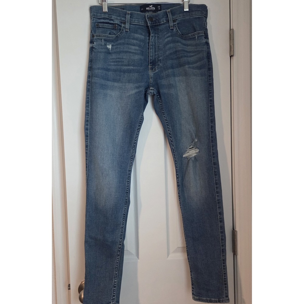 Hollister Mens Super Skinny Jeans 33x32 Blue Advanced Stretch Distressed Ripped